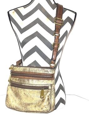 Leather Fossil Explorer Crossbody Bag In Metallic Gold Brown With Pockets